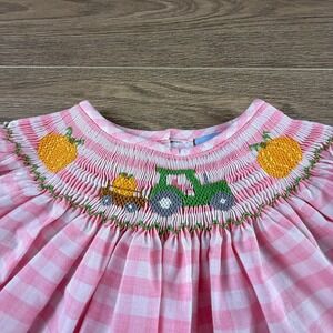 Classic Whimsy Girls Pink Gingham Smocked Pumpkin Tractor Dress Size 4 Fall